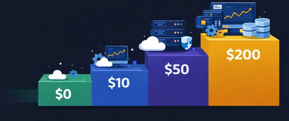 4 Hosting Stacks at 4 Budgets: $0, $10, $50, $200/month for Startup Founders