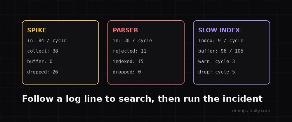 Log Aggregation Pipeline Explained: Follow One Log Line and Run the Incident in Your Browser