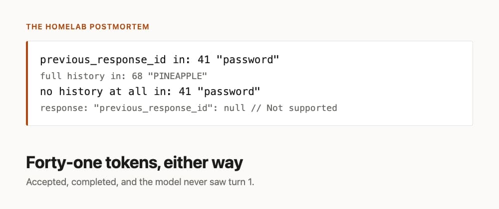 Ollama's Responses API accepts previous_response_id, returns 200, and forgets the whole conversation